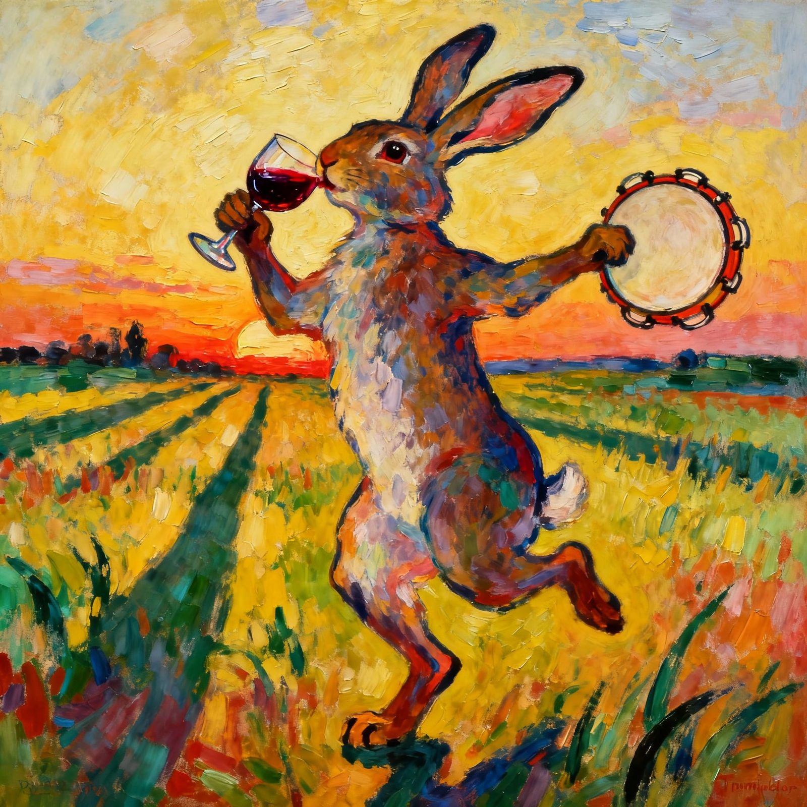 Rabbit Dancing at Sunset in Expressive Oil Painting Style