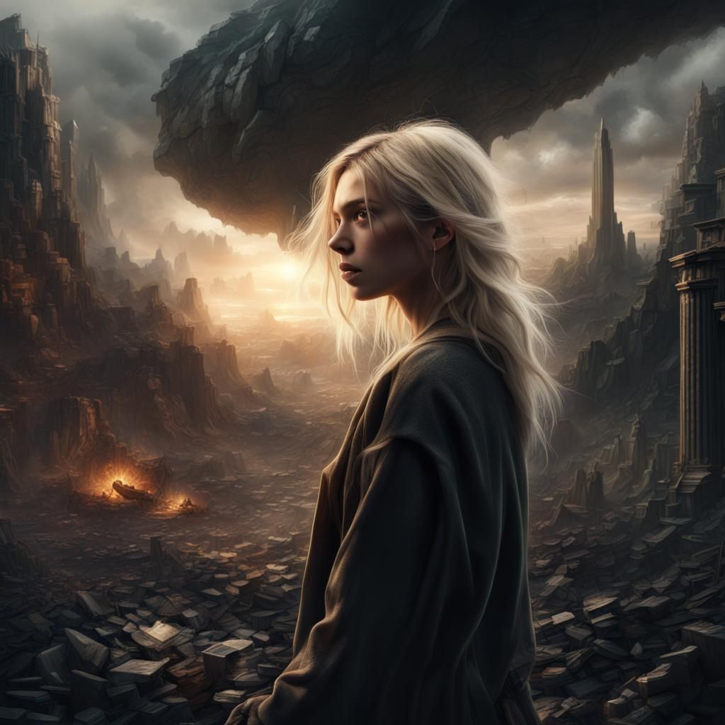 Epic Struggle: Blonde Girl in Light and Darkness