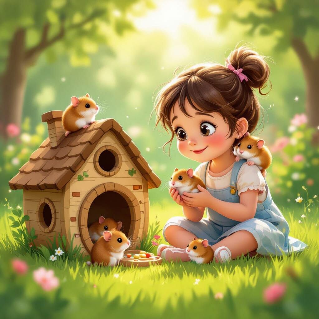 Girl Kisses Hamster in Whimsical Yard Illustration