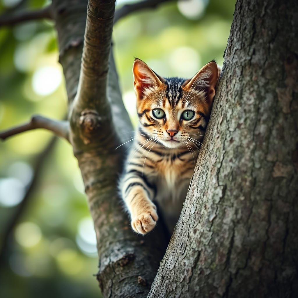 Tabby Cat Conquers a Tree in Stunning Bokeh