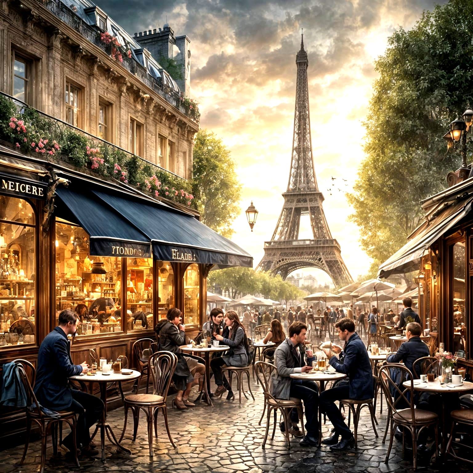 Parisian Cafe Scene with Eiffel Tower