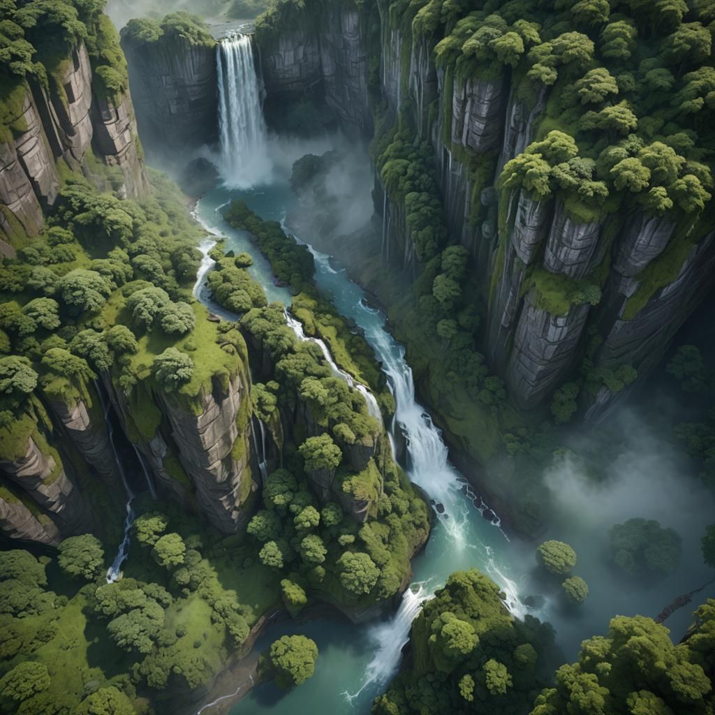 Majestic Waterfall Aerial View: Lush Gorge Landscape