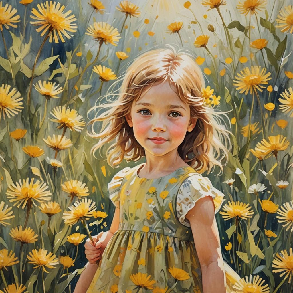 Happy Girl with Dandelions: Impressionist Oil Painting