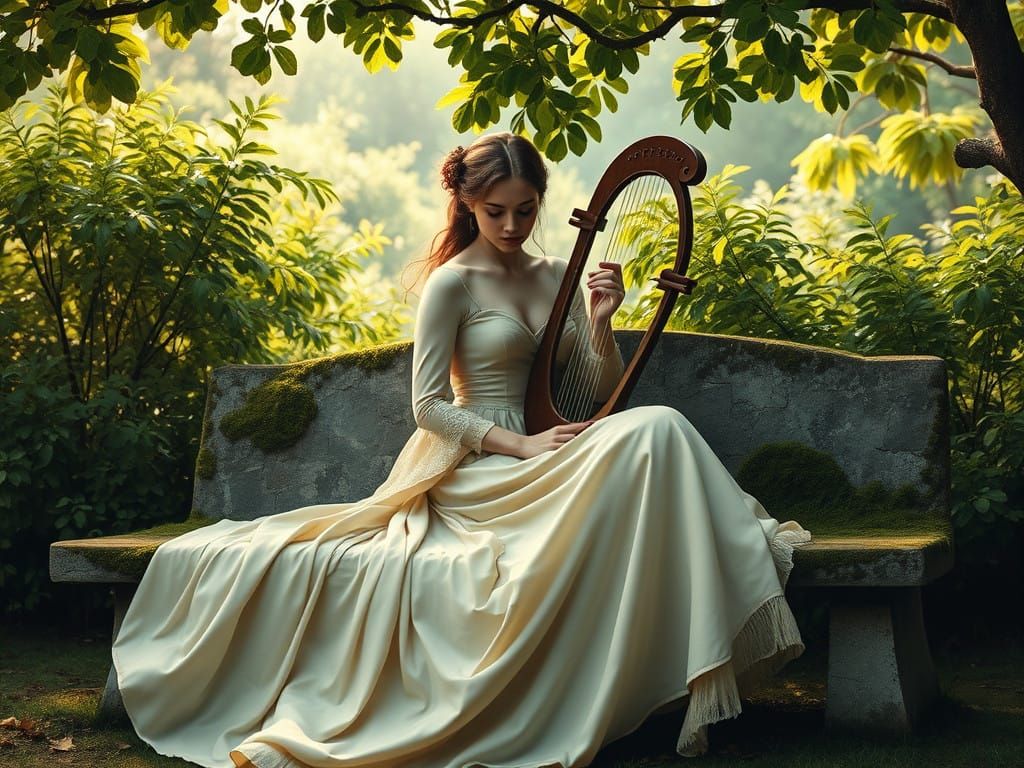 Elegant Woman Playing Lyre in Enchanted Forest