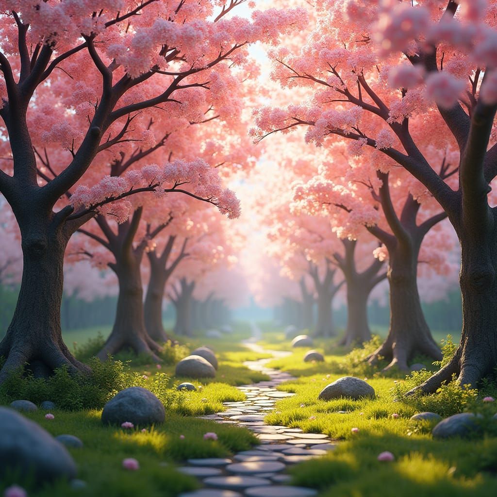 Secluded Cherry Blossom Forest in Hyperreal Sunlight