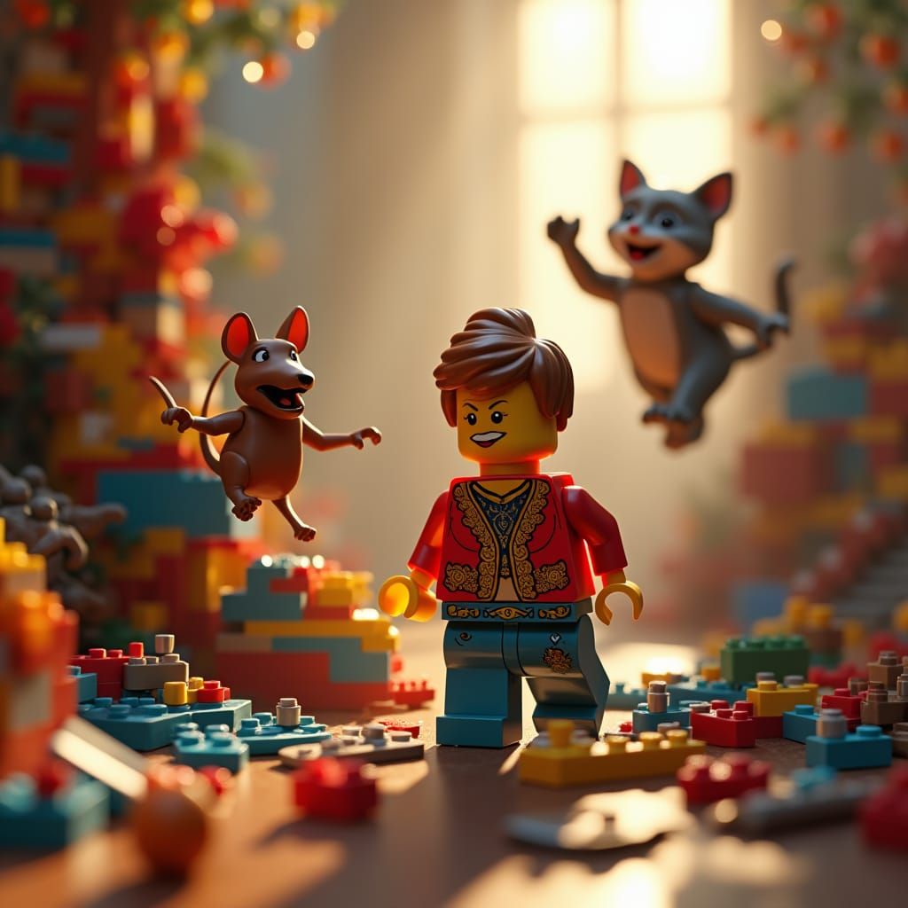 Lego Minifigure Builds with Mouse, Dancing Cat