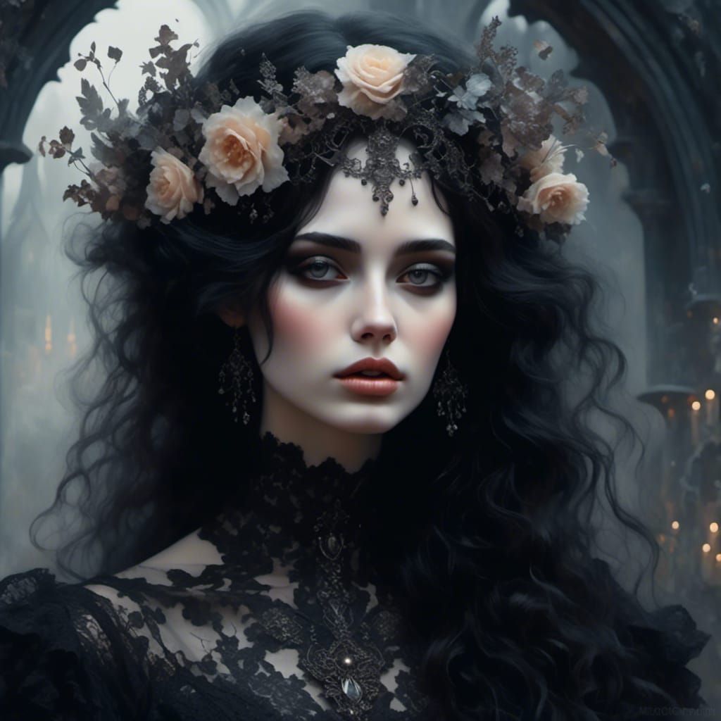 Gothic Woman in a Hazy Romantic Garden