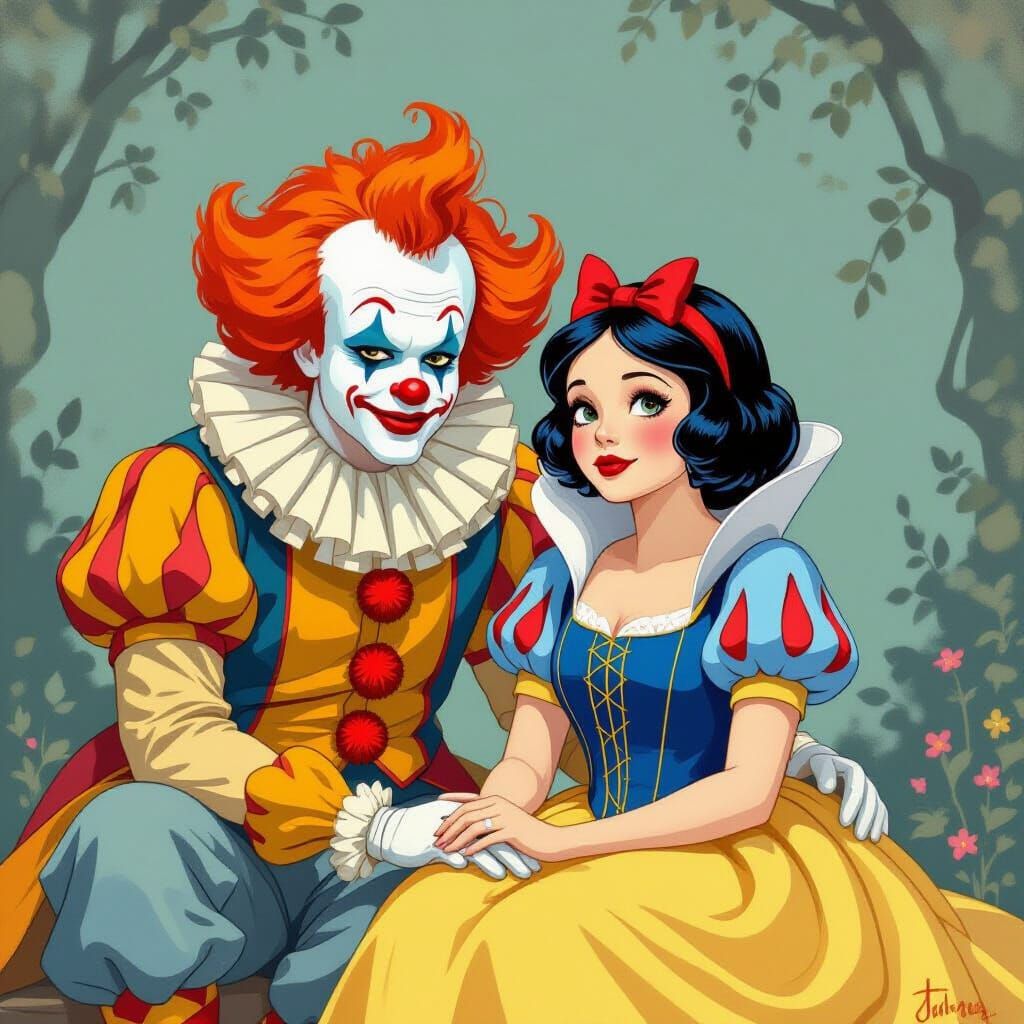 Melancholy Clown and Snow White in Fairy Tale Setting