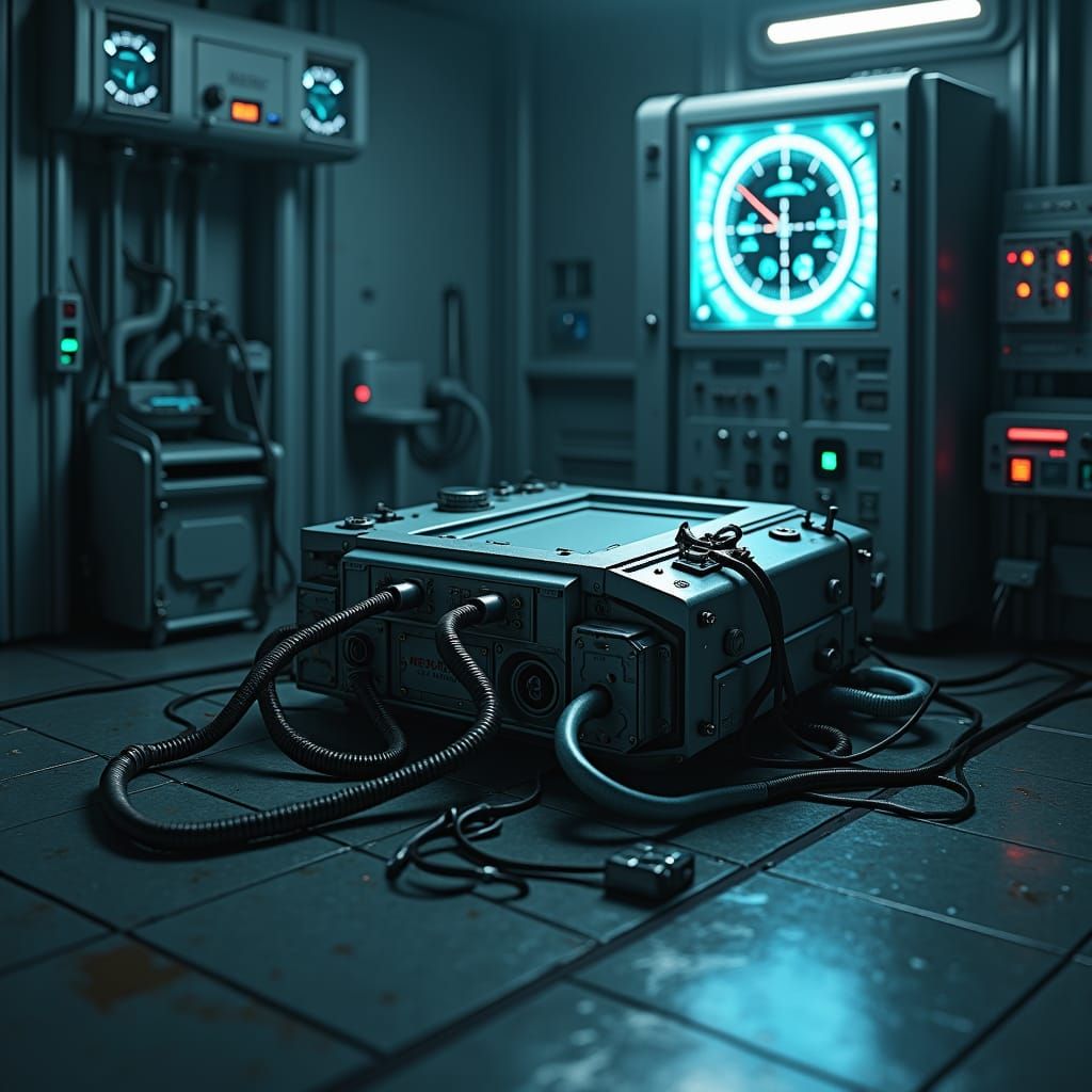 Cyberpunk Computer on Ventilator in Metallic Room