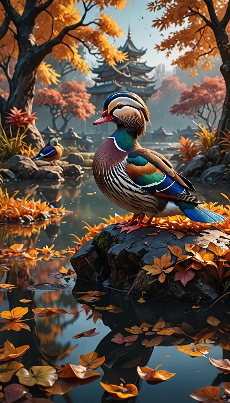 Autumnal Mandarin Duck: Detailed Fantasy Concept Art