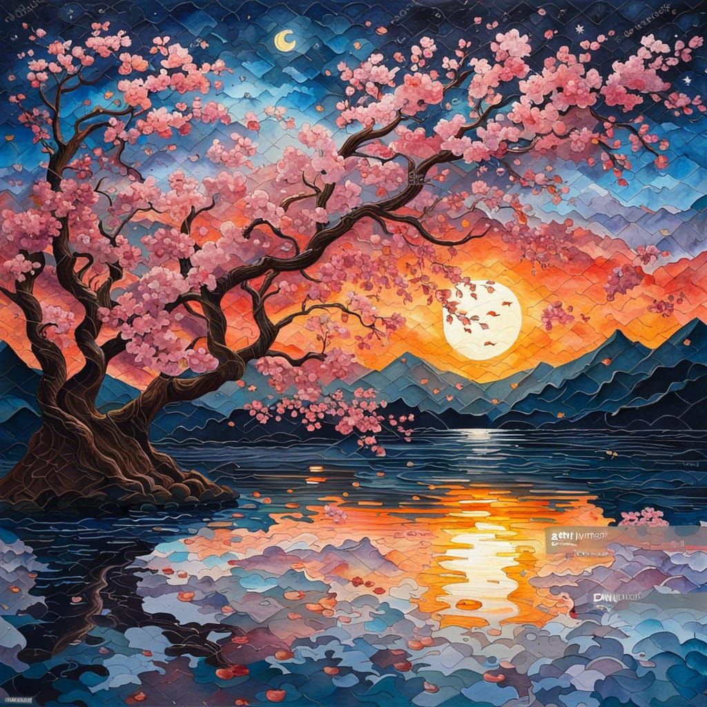 Sakura Sunset Impasto Painting in Gouache Style