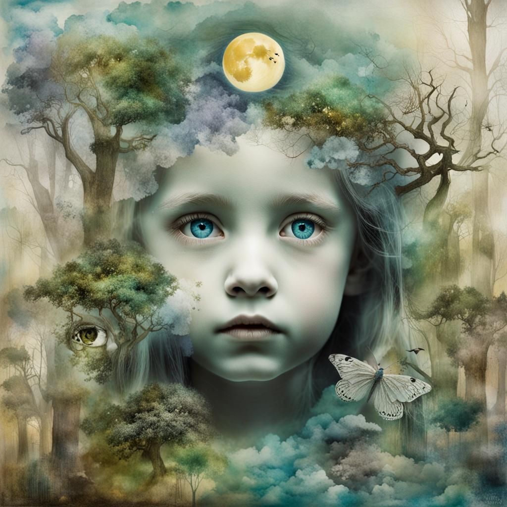 Surreal Pale Girl with Crown Gazing Through Thorns