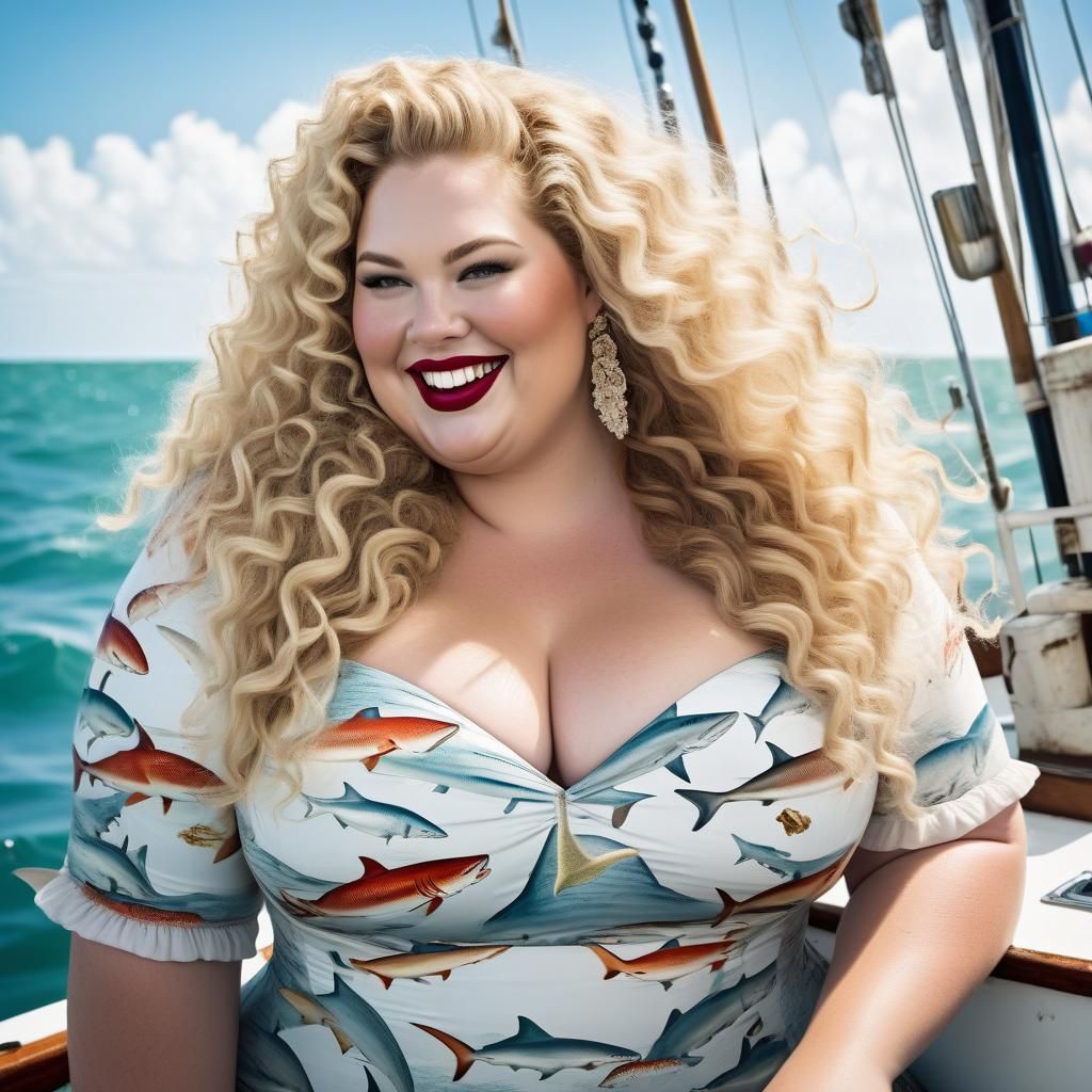 Smiling Woman Fishing for Shark in Gulf of Mexico