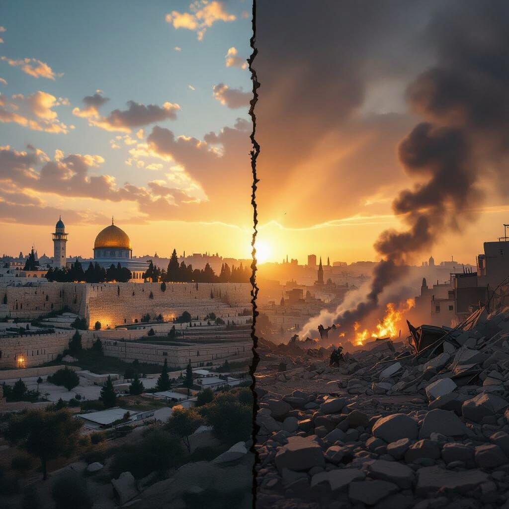 Jerusalem Sunrise vs. War-Torn City Split Scene