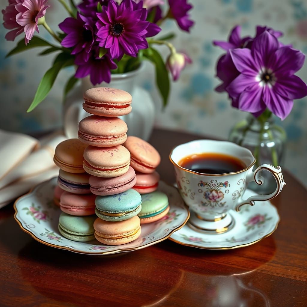Hyperrealistic Macarons and Coffee Still Life