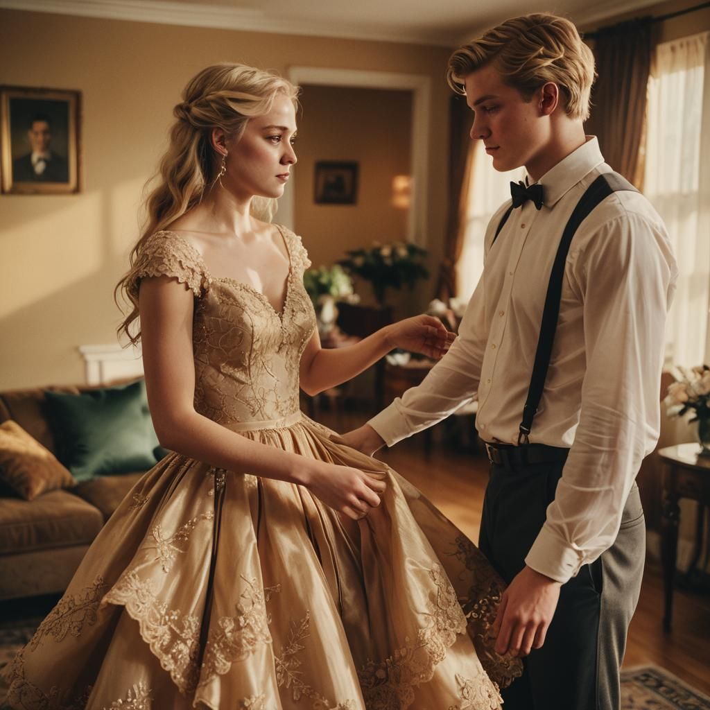 Boy Crossdressing in Prom Dress, Cinematic Film Still