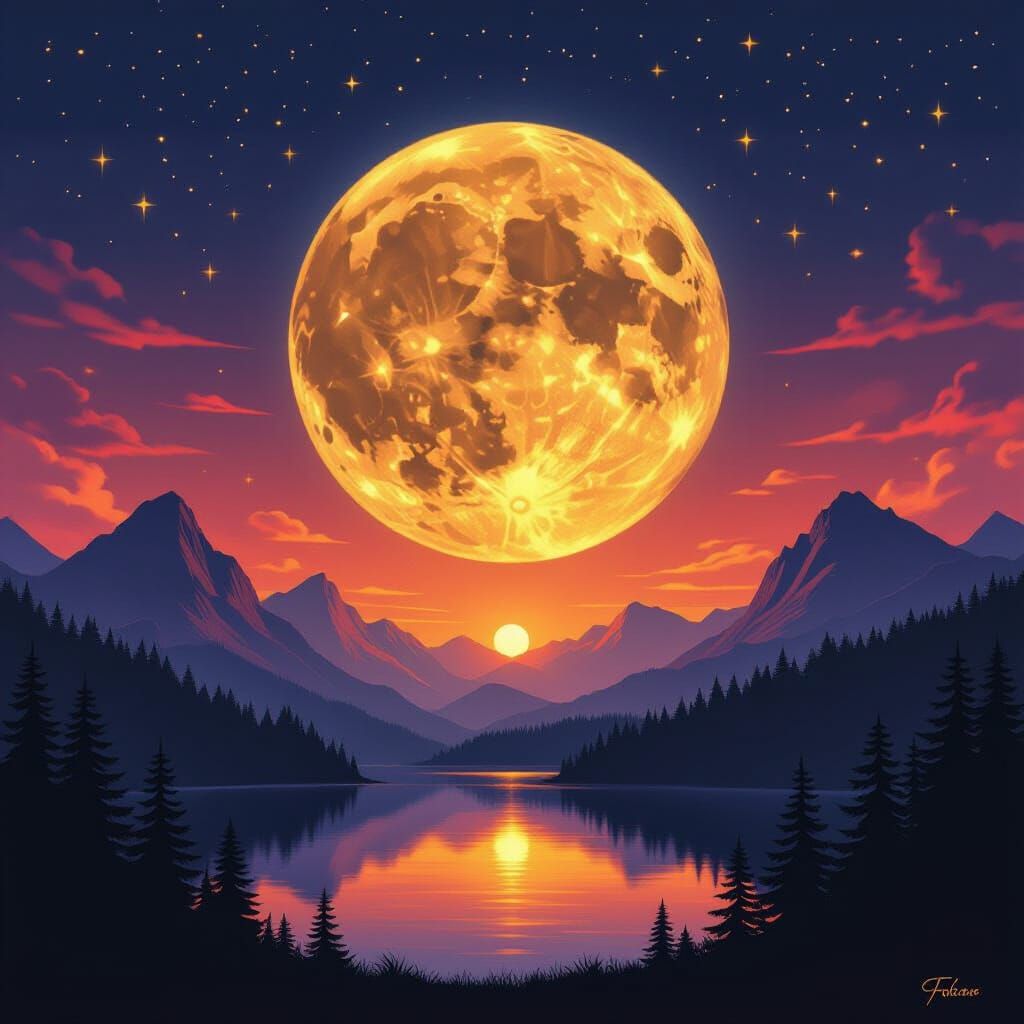 Golden Moon Over Gradient Sky, Baroque Airbrush Art
