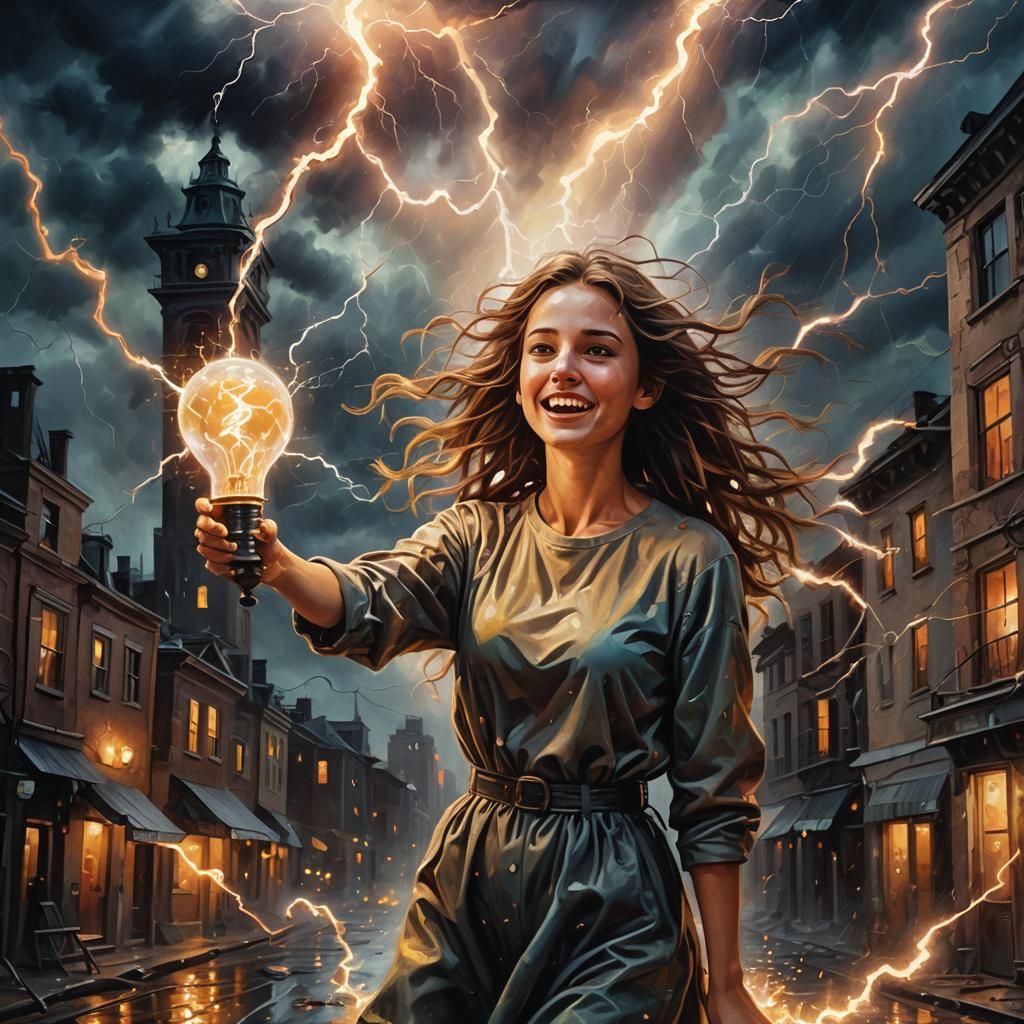 Surreal Girl with Lamp in Melting Cityscape