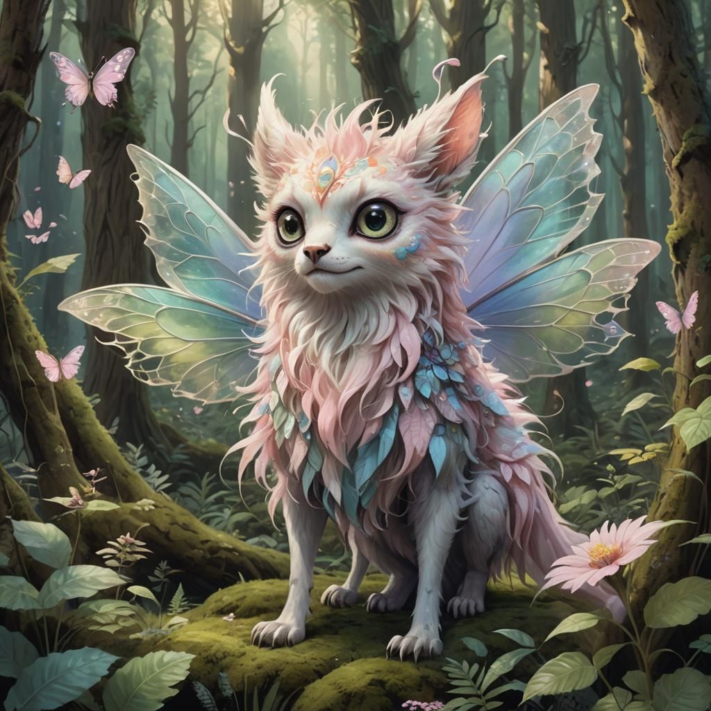 Pastel Fairy Beast Fluttering in Forest