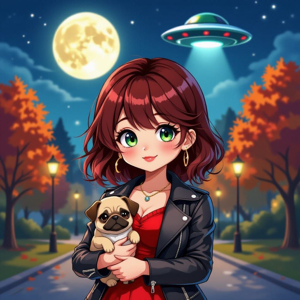 Anime Woman with Pug in Autumn Park at Night