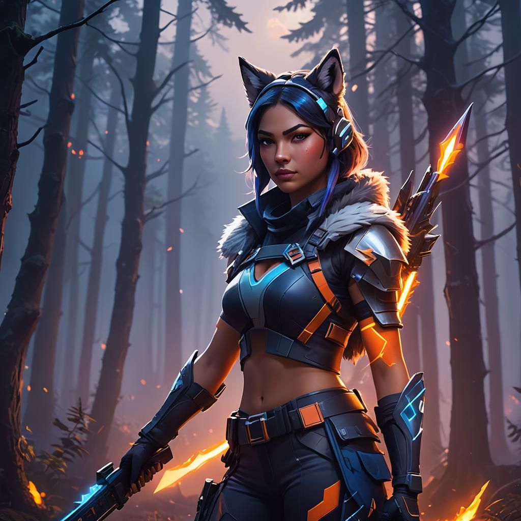 Teenage Wolf-Girl in Neon Forest: Fantasy Concept Art