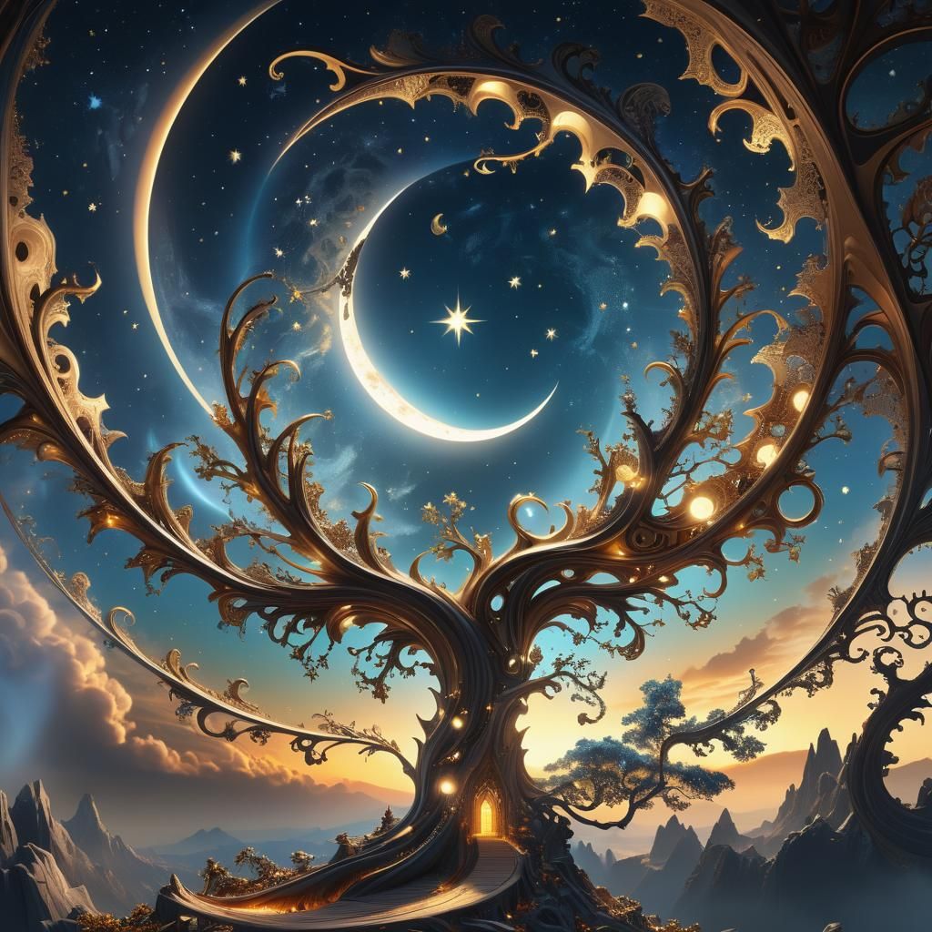 Magical Morning Sky with Moon and Stars