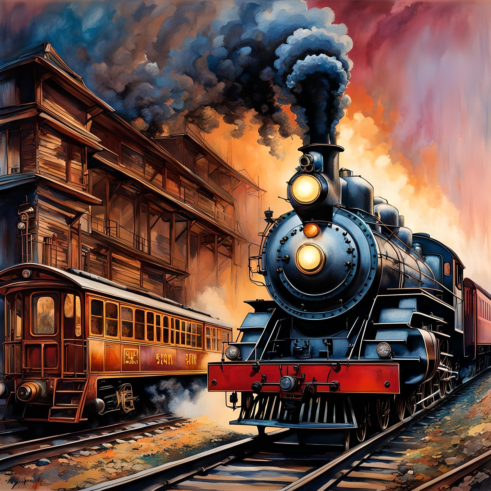Depression Era Steam Train in Watercolor