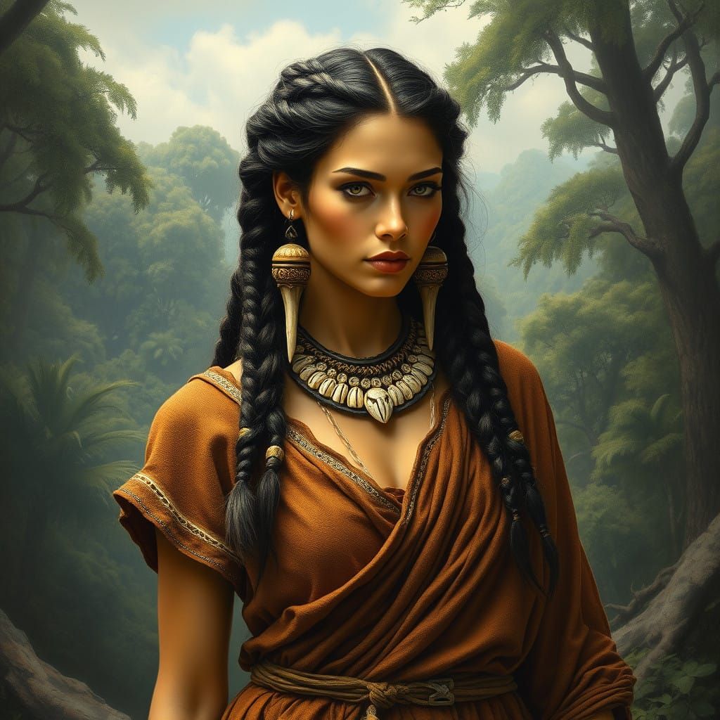 Beautiful woman dressed in 18000 B.C. fashion and wearing hairstyle 180000 B.C., detailed matte painting