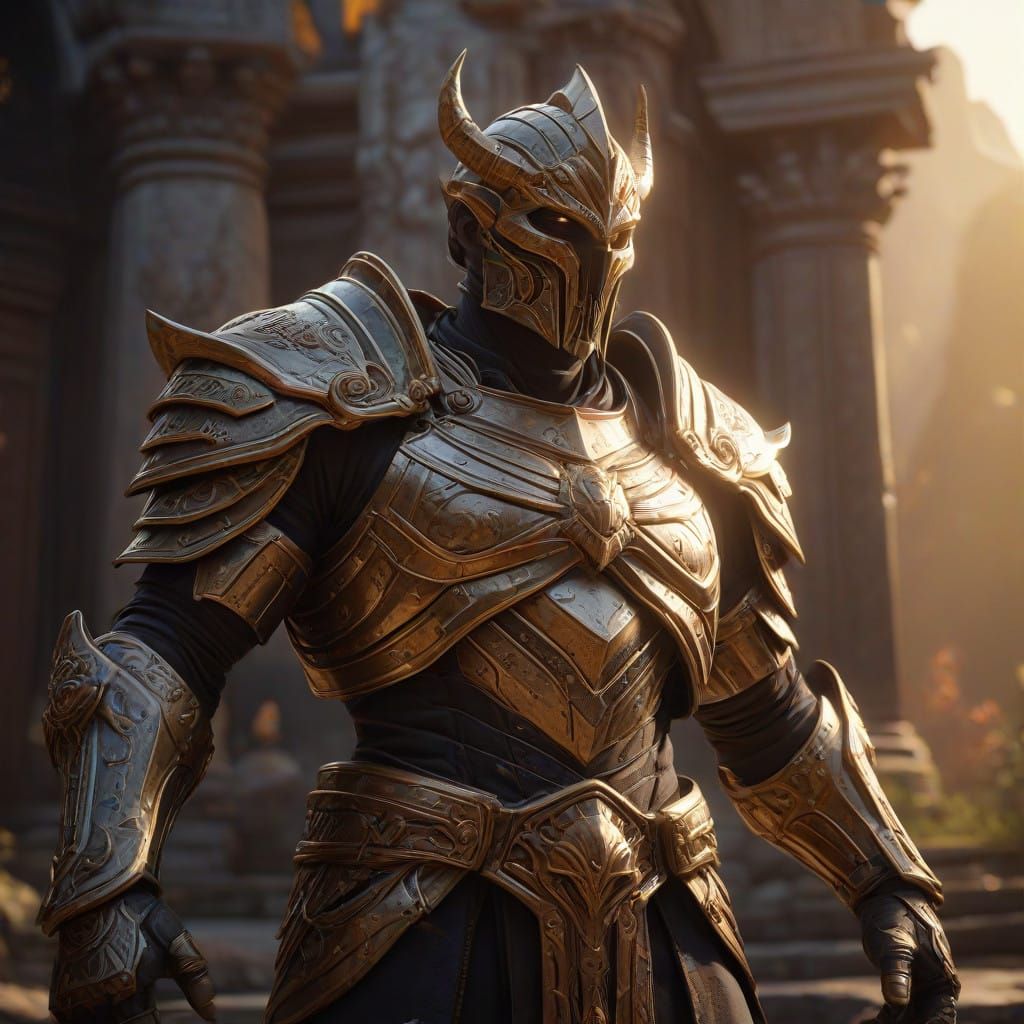 Majestic Deity in Golden Sunset Environment