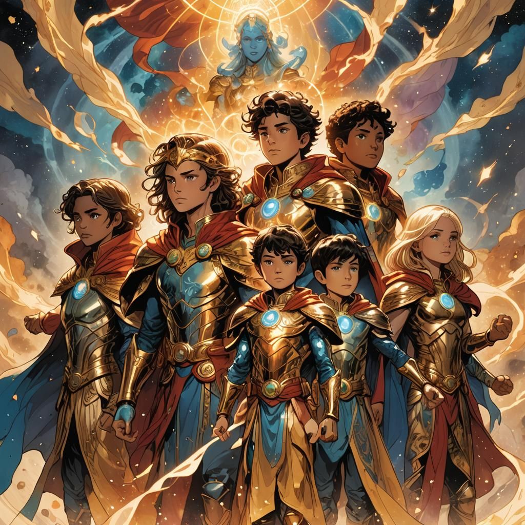Powerful Children with Divine Auras in Comic Book Style