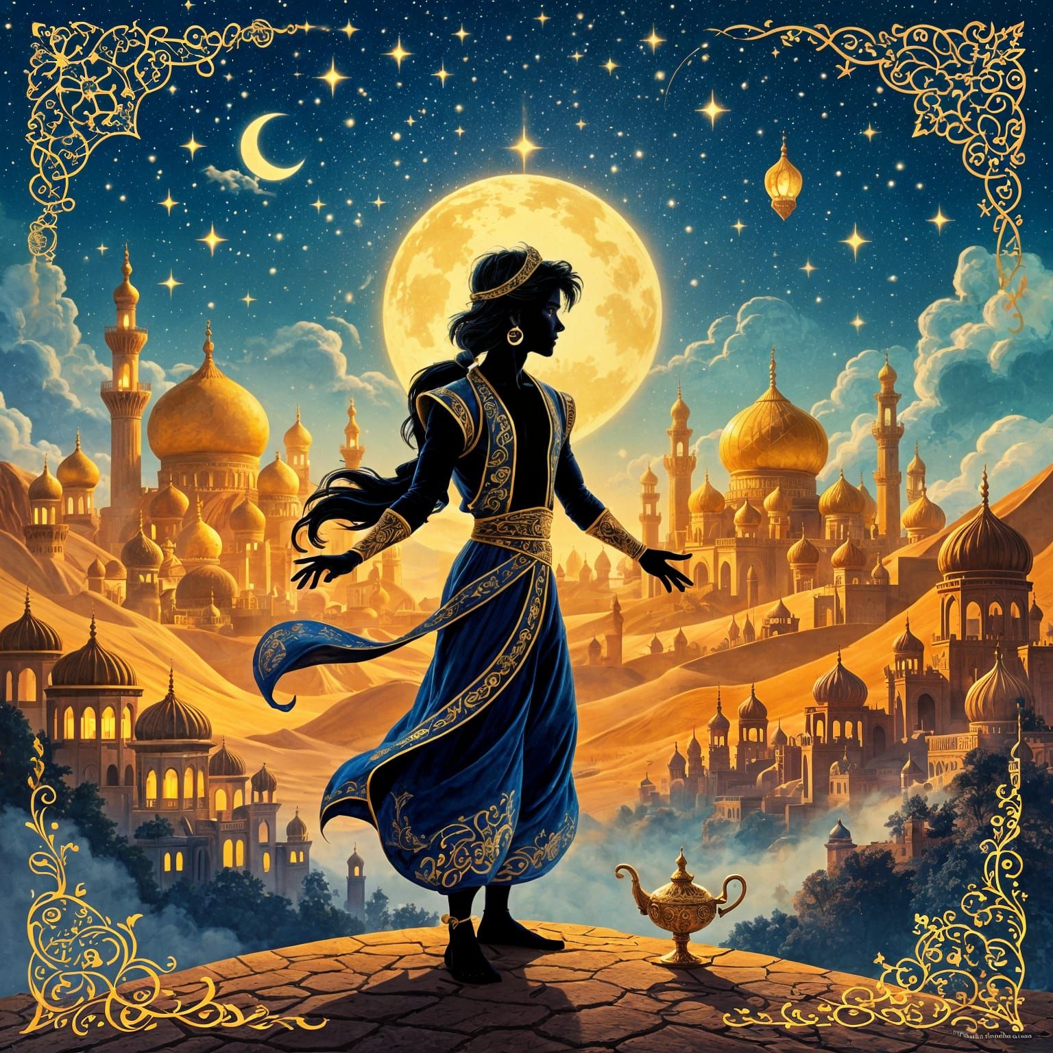 Aladdin Double Exposure Fairytale in Persian Miniature Style