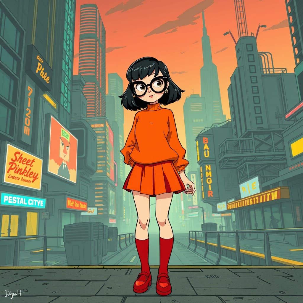 Velma Dinkley in Retro-Futuristic Cityscape