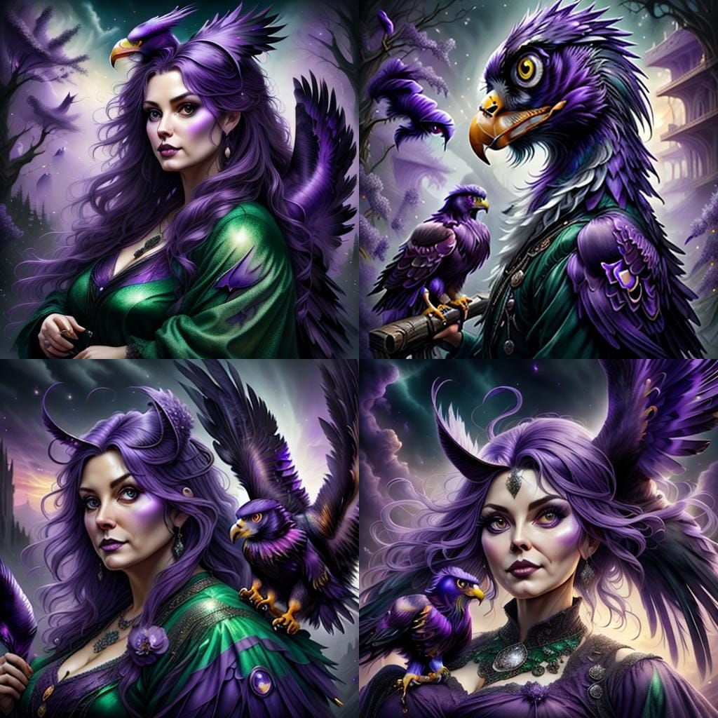 Purple Eagle Woman in Velvet Dress: Dark Fantasy Art