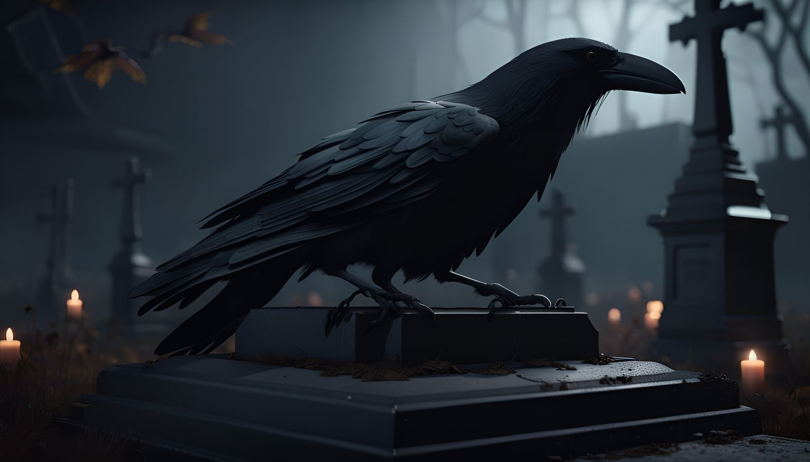 Crow on Grave in Haunted, Spooky Ambiance