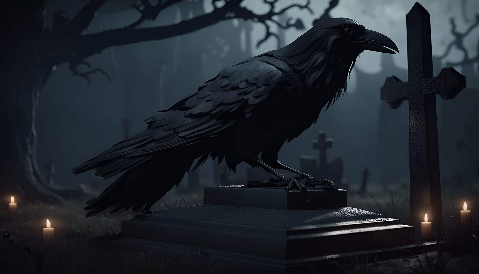 Creepy Crow on Grave in Haunted Ambiance