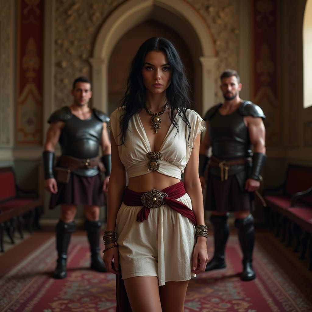 Medieval Noblewoman with Bodyguards in Hyperrealistic Style