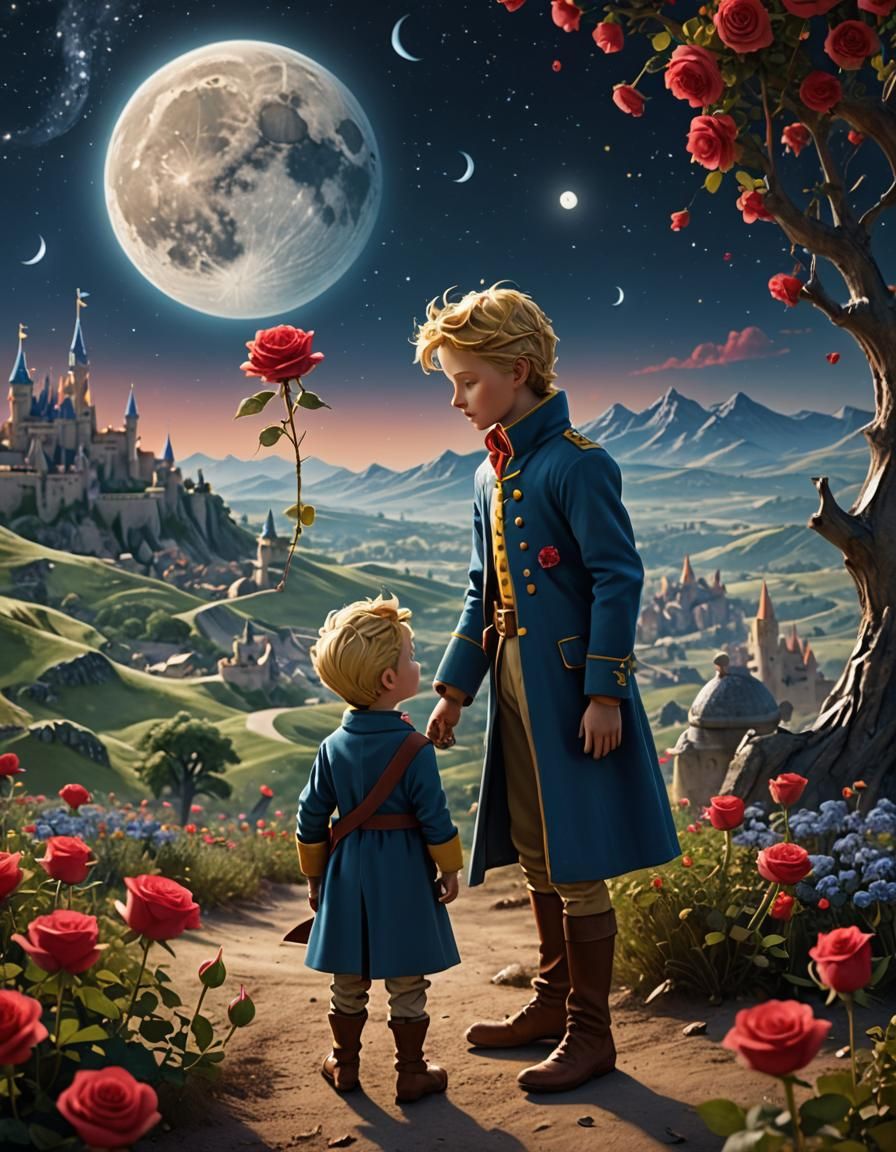 Little Prince and Rose on a Fantastic Moon