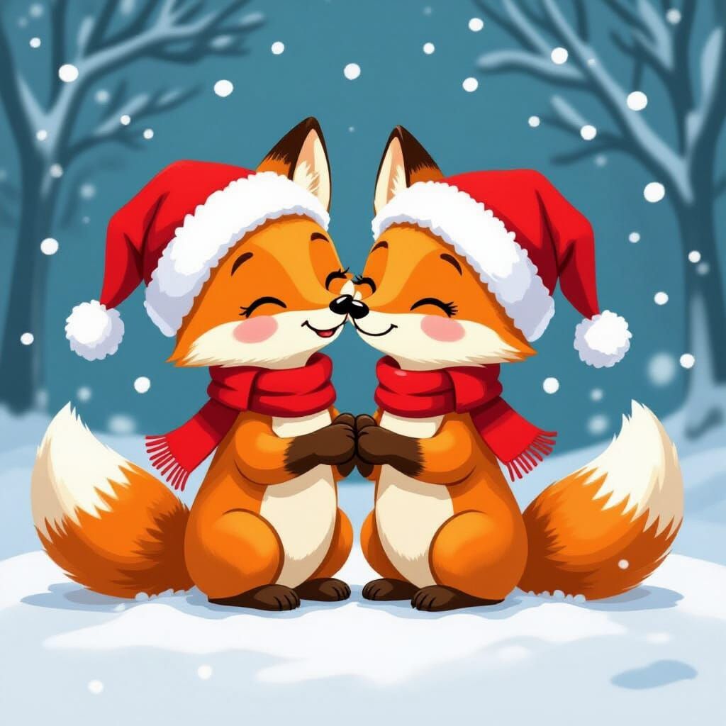 Cute Cartoon Foxes Kissing in Snow with Santa Hats