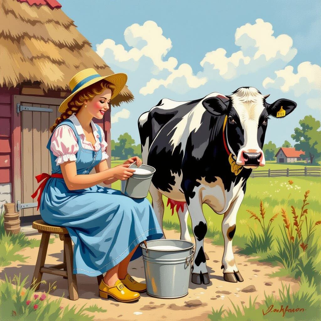 Dutch Farmer Milking Cow: Animated Painting