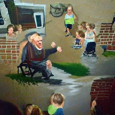 Oil Painting: Old Man Yelling at Children