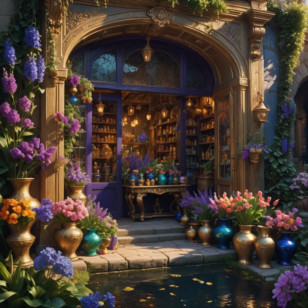 Mysterious Riverside Shop with Flowers: Fantasy Concept Art