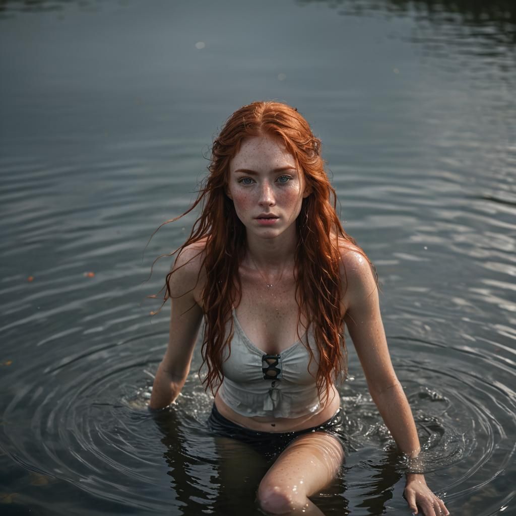 Realistic Portrait: Redhead Emerging from Lake