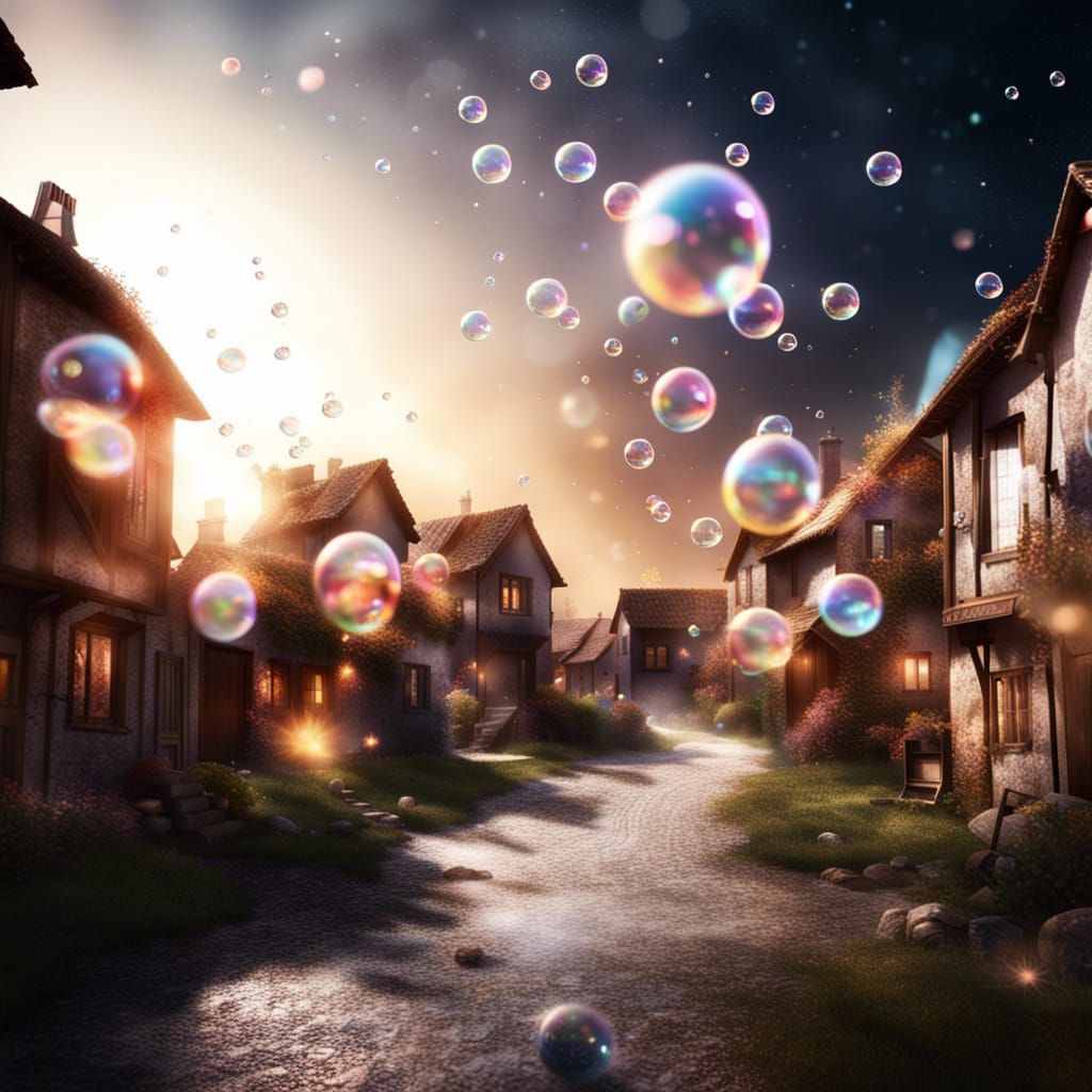 Cosmic Village in Bubbles: Digital Art Render