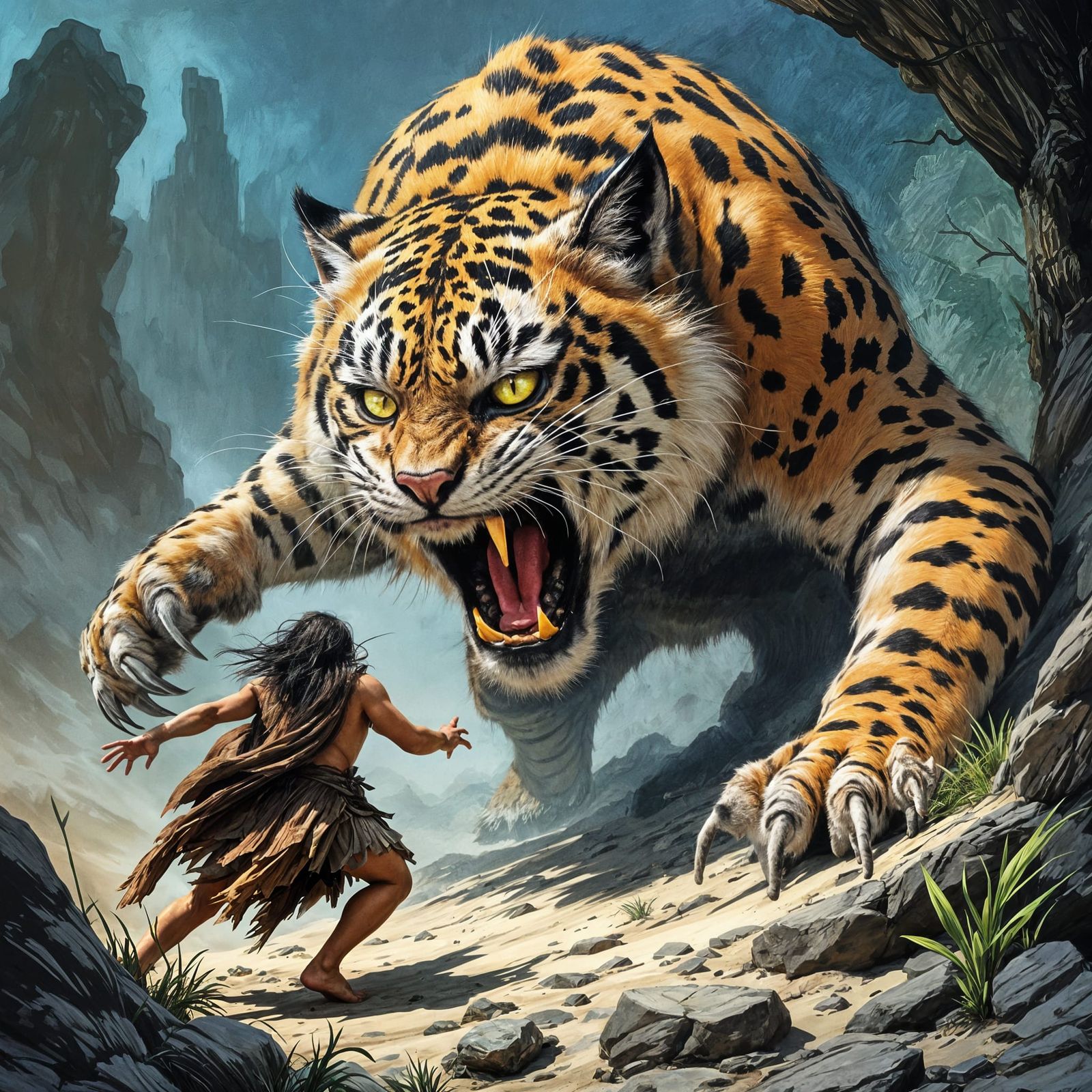 Sabertooth Attack on Caveman in Comic Book Style