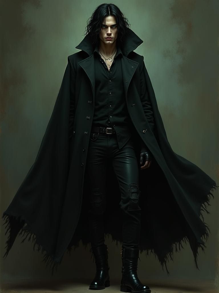 Mysterious Man in Black Coat, Oil Painting Style