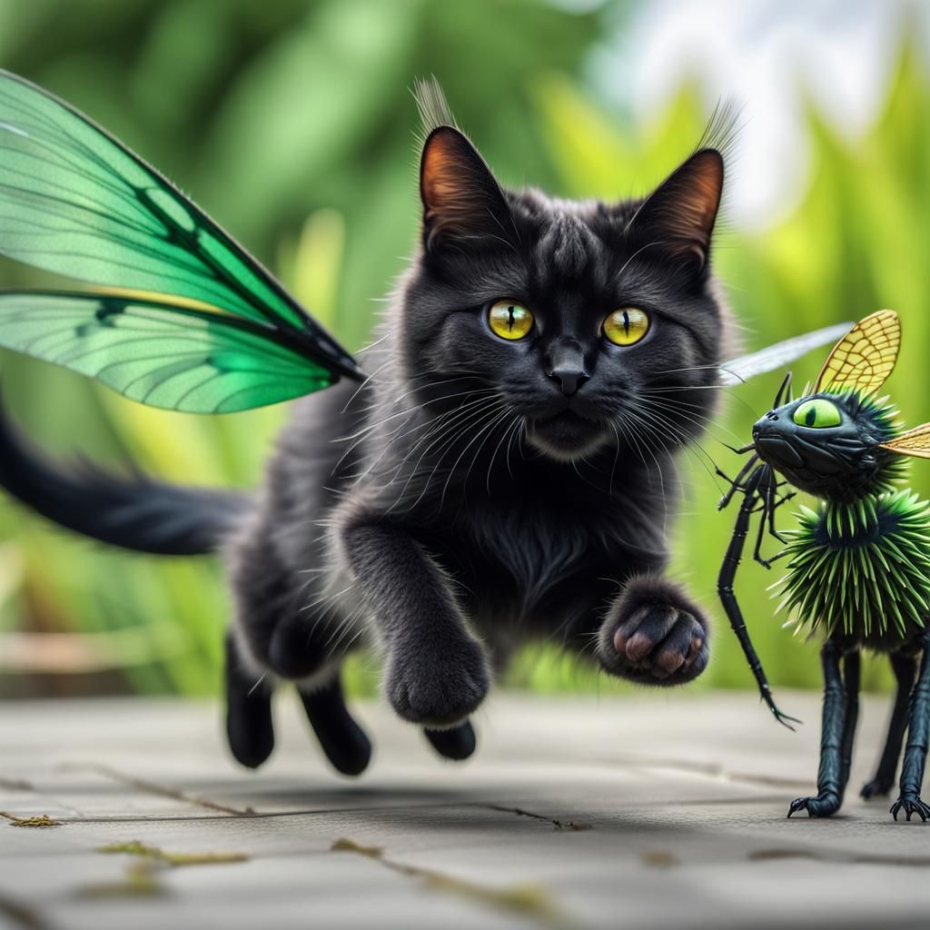 Winged Cats Chase Each Other in High Definition