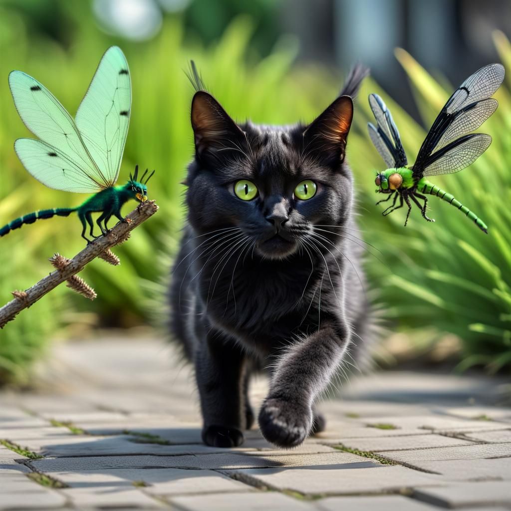 Winged Cats Chase in High Resolution Detail