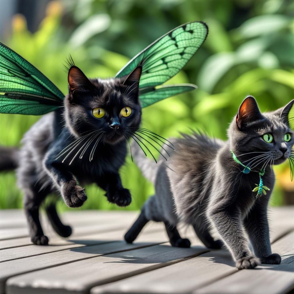 Winged Cats Chase Each Other in High Resolution