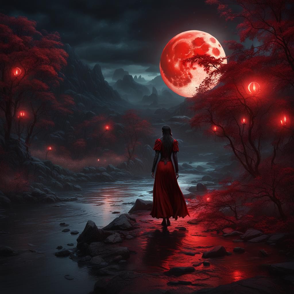 Vampire Woman Walks Under Red Moon