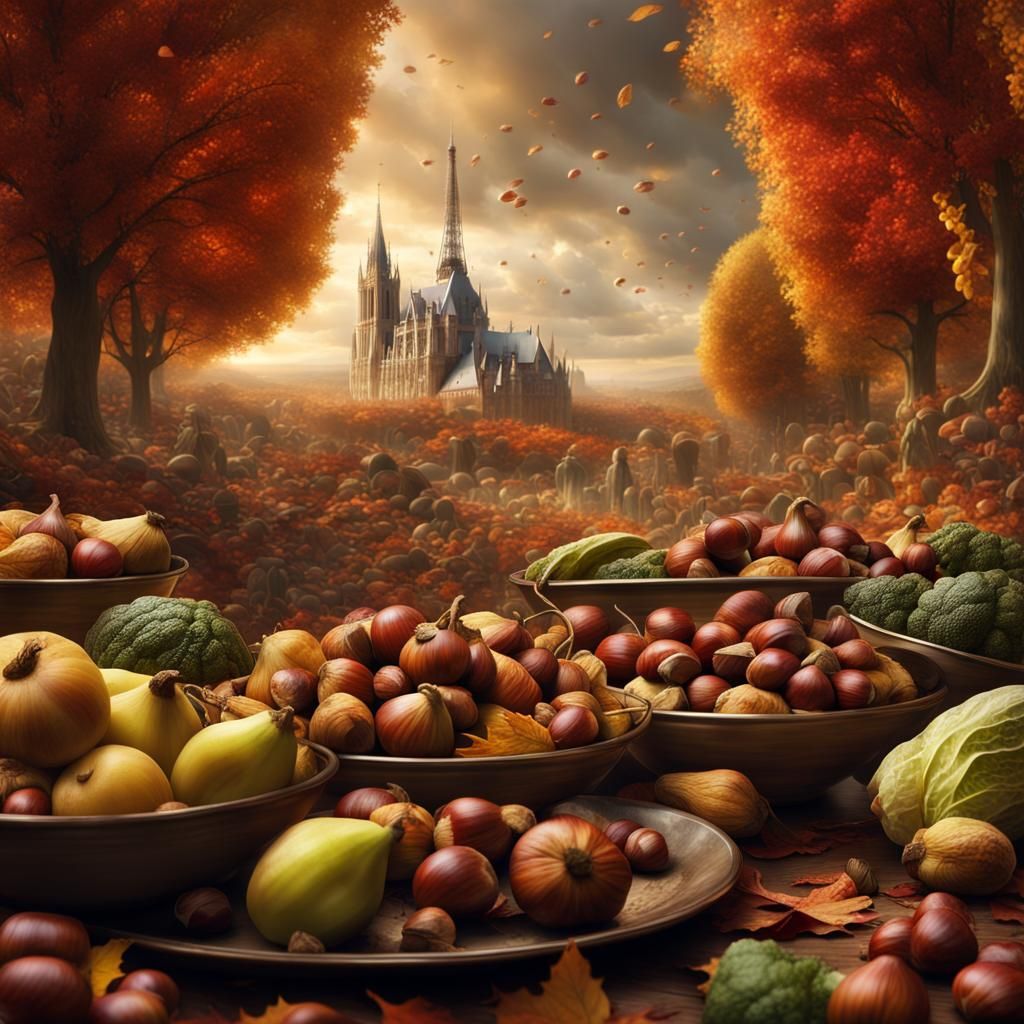 Futuristic French Autumn Landscape with Falling Vegetables